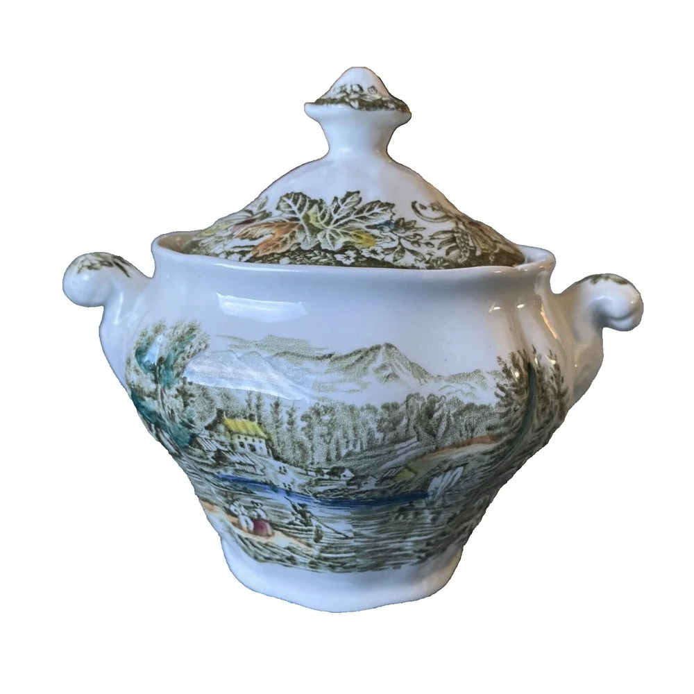 Heritage Green Sugar Bowl & Lid by Ridgway Scalloped Staffordshire UK